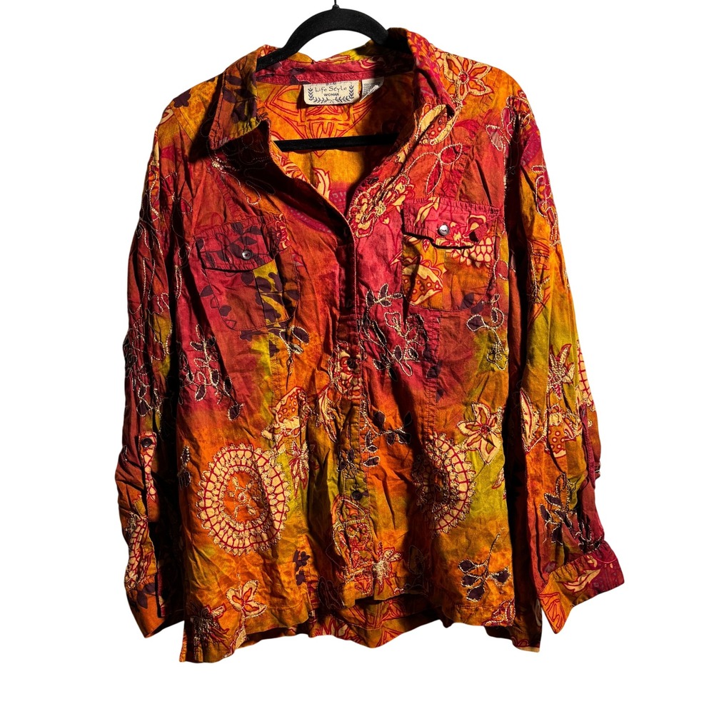 Life Style Orange Floral Embroidered Cotton Tunic Top 1X Tie Dye Button Up Boho